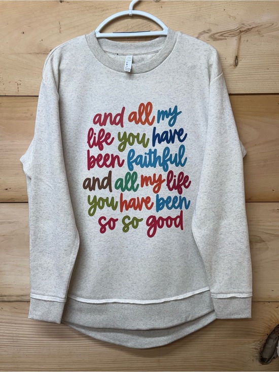 Live And Tell Sweaters - Women's Cream Graphic Crewneck Sweatshirt with Multi-Color Script
